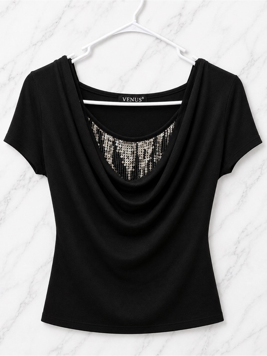 VENUS Tops - VENUS Draped Cowl Neck Sequin Accent Top Black Silver Evening Party | Small⁠